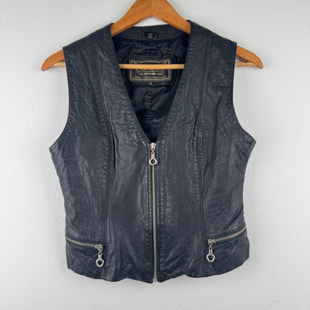 Rem Garson Leather Vest Womens M Black Excellent Streetwear Chic Zip Up